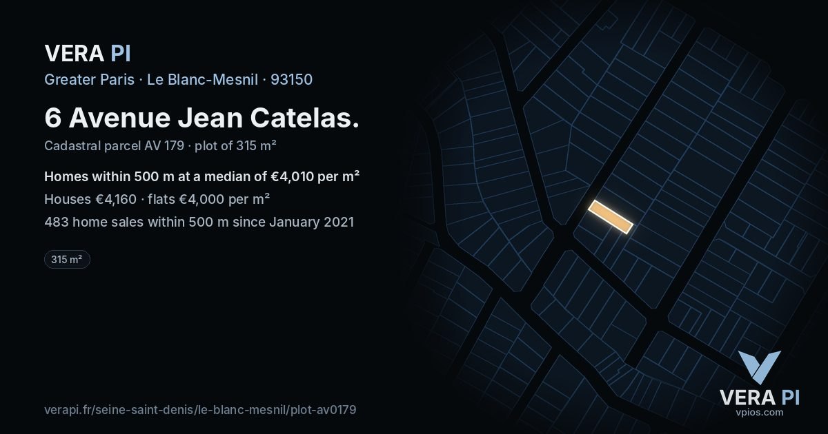 6 Avenue Jean Catelas, Le Blanc-Mesnil at night – the plot lit, the parcels around coloured by the prices near them
