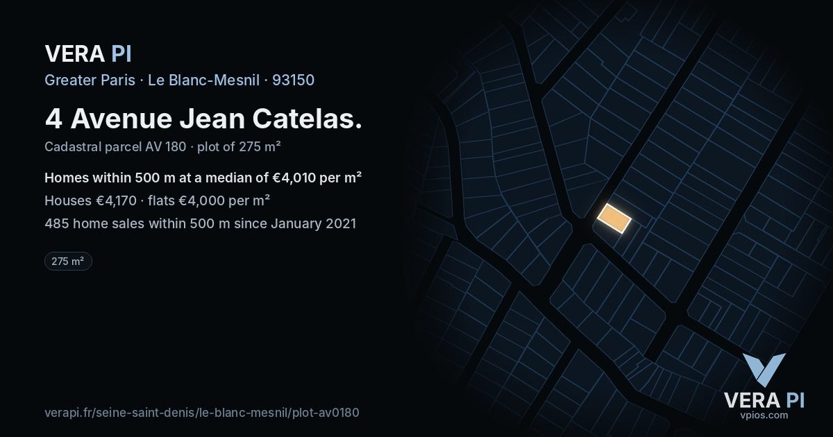 4 Avenue Jean Catelas, Le Blanc-Mesnil at night – the plot lit, the parcels around coloured by the prices near them