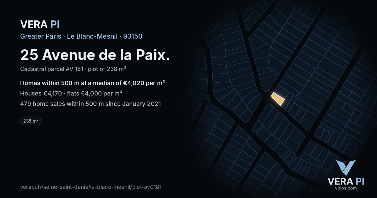 25 Avenue de la Paix, Le Blanc-Mesnil at night – the plot lit, the parcels around coloured by the prices near them