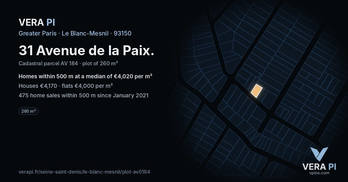 31 Avenue de la Paix, Le Blanc-Mesnil at night – the plot lit, the parcels around coloured by the prices near them