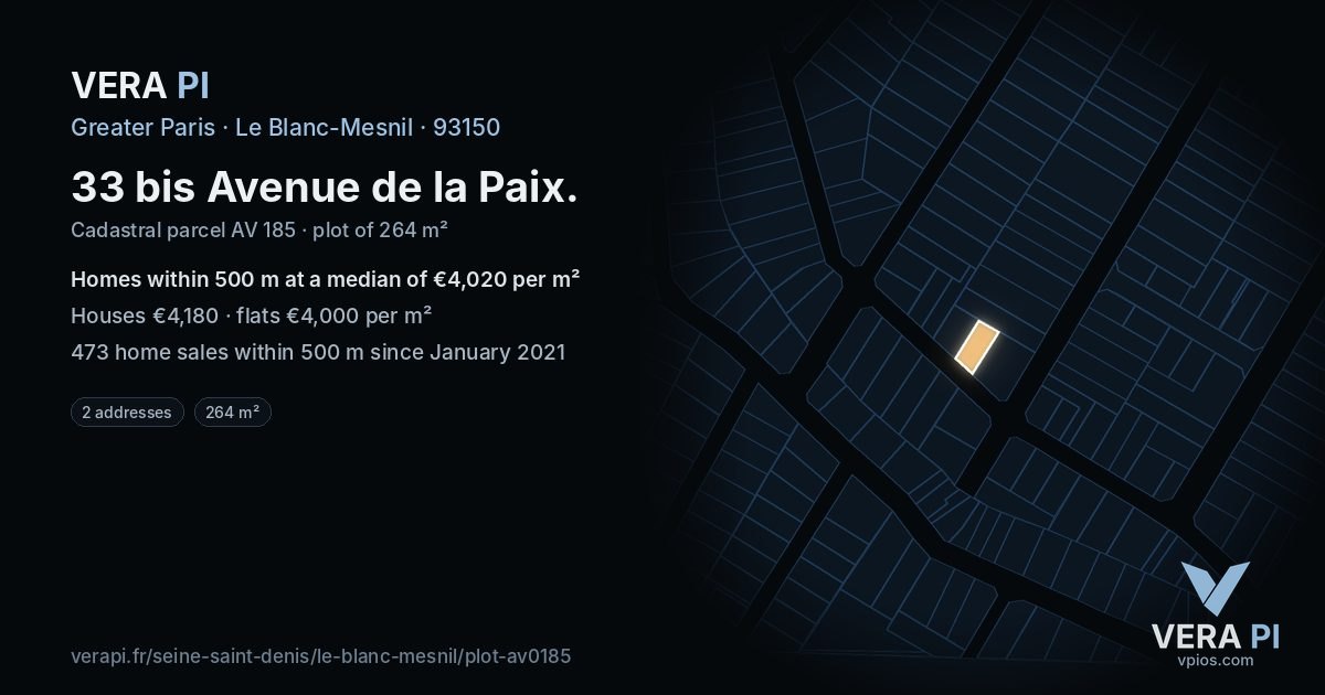 33 bis Avenue de la Paix, Le Blanc-Mesnil at night – the plot lit, the parcels around coloured by the prices near them