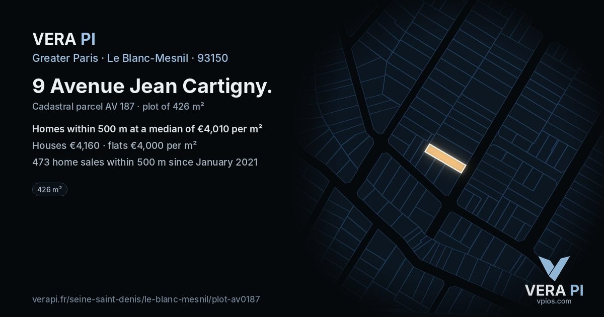 9 Avenue Jean Cartigny, Le Blanc-Mesnil at night – the plot lit, the parcels around coloured by the prices near them