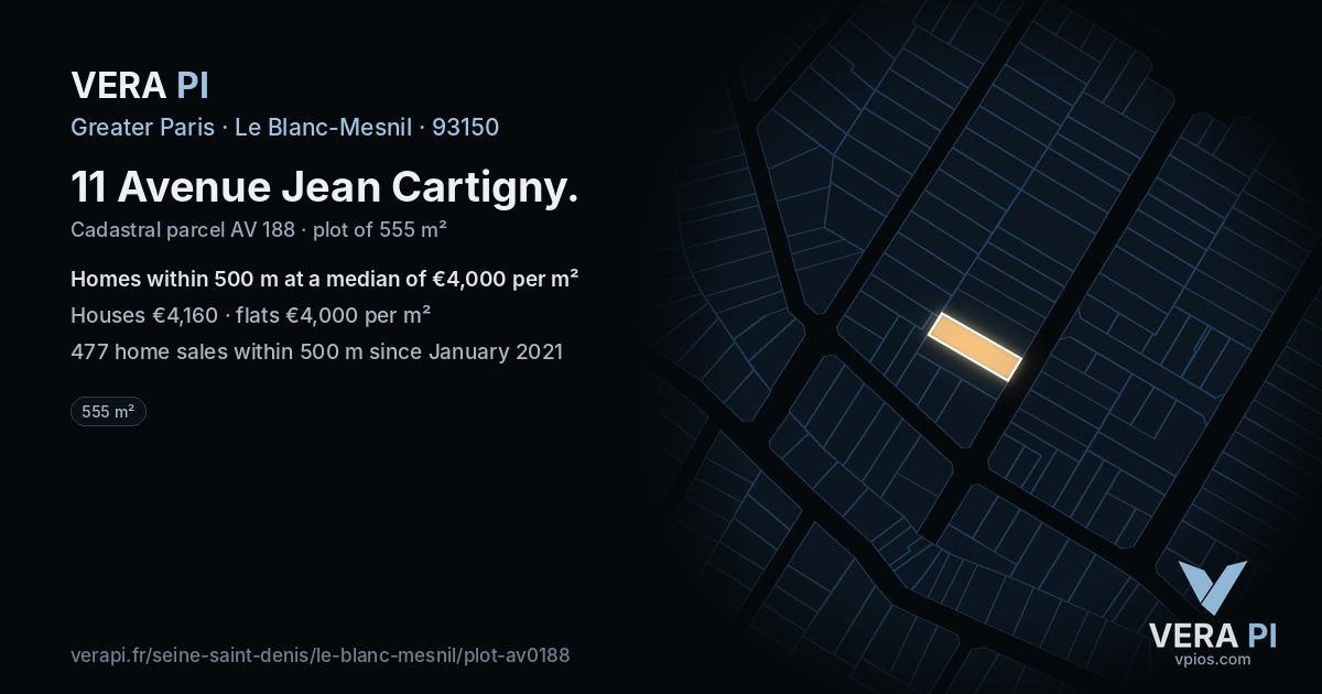 11 Avenue Jean Cartigny, Le Blanc-Mesnil at night – the plot lit, the parcels around coloured by the prices near them