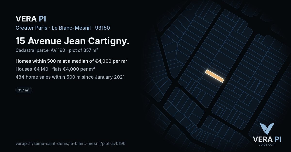 15 Avenue Jean Cartigny, Le Blanc-Mesnil at night – the plot lit, the parcels around coloured by the prices near them