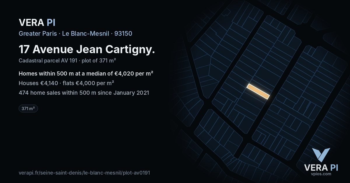 17 Avenue Jean Cartigny, Le Blanc-Mesnil at night – the plot lit, the parcels around coloured by the prices near them