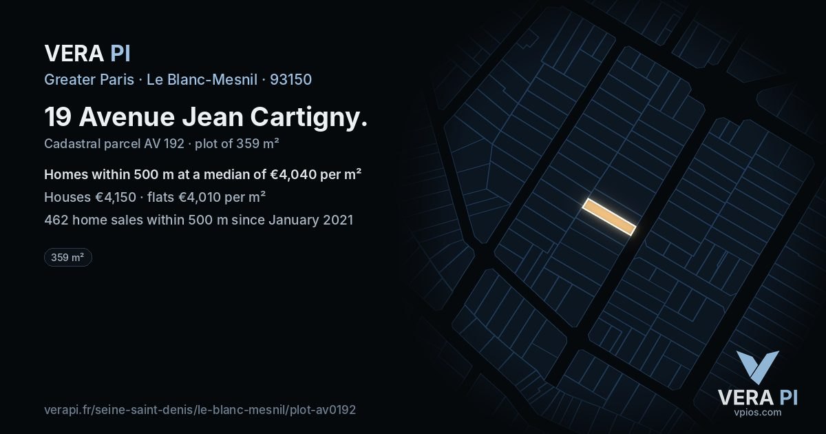 19 Avenue Jean Cartigny, Le Blanc-Mesnil at night – the plot lit, the parcels around coloured by the prices near them
