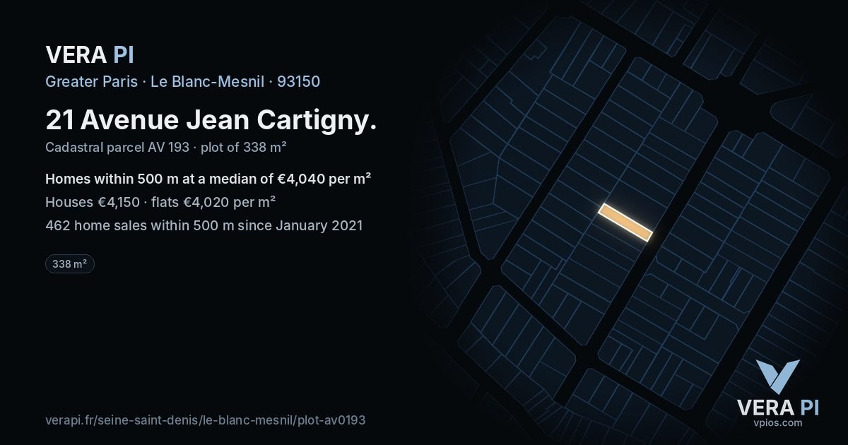 21 Avenue Jean Cartigny, Le Blanc-Mesnil at night – the plot lit, the parcels around coloured by the prices near them