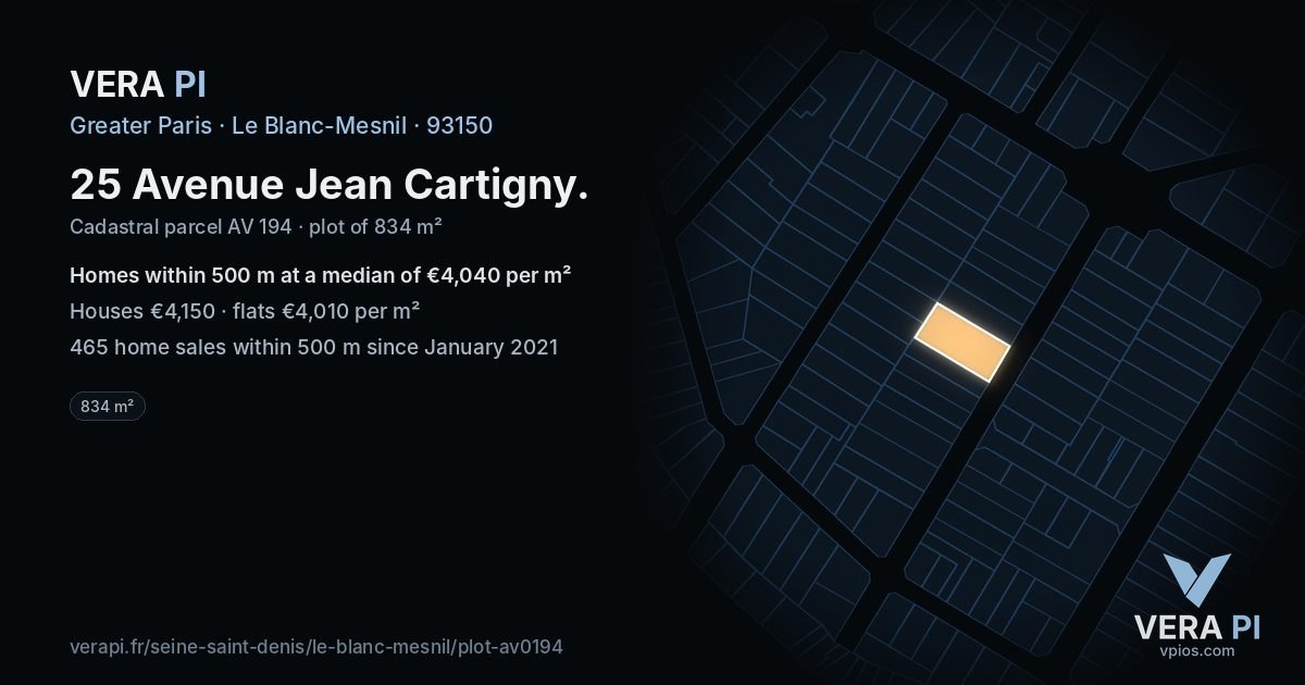25 Avenue Jean Cartigny, Le Blanc-Mesnil at night – the plot lit, the parcels around coloured by the prices near them