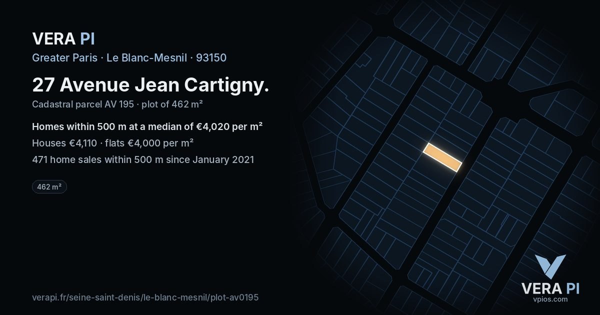 27 Avenue Jean Cartigny, Le Blanc-Mesnil at night – the plot lit, the parcels around coloured by the prices near them