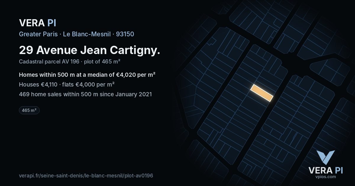 29 Avenue Jean Cartigny, Le Blanc-Mesnil at night – the plot lit, the parcels around coloured by the prices near them