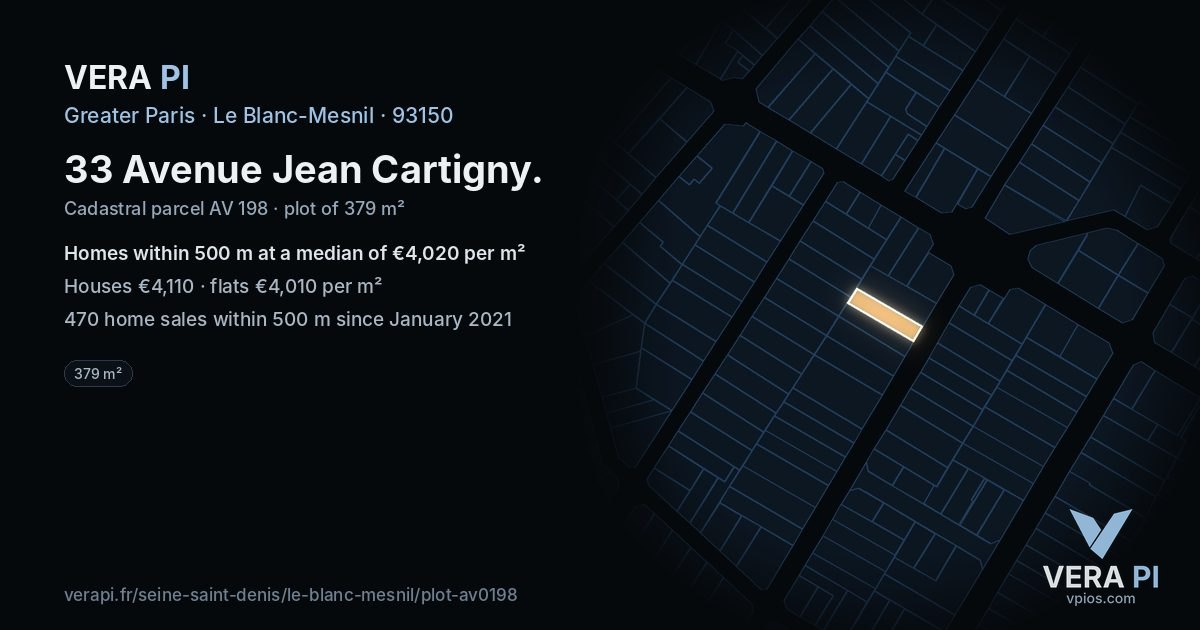 33 Avenue Jean Cartigny, Le Blanc-Mesnil at night – the plot lit, the parcels around coloured by the prices near them