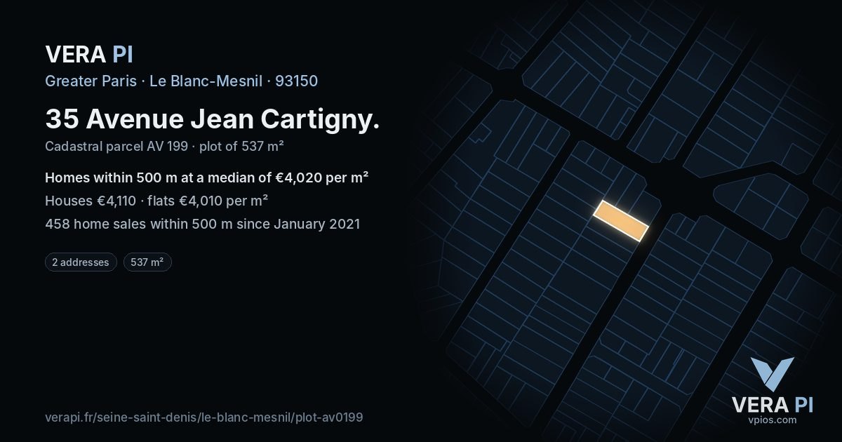 35 Avenue Jean Cartigny, Le Blanc-Mesnil at night – the plot lit, the parcels around coloured by the prices near them