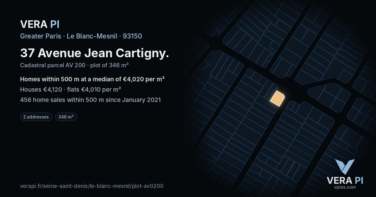 37 Avenue Jean Cartigny, Le Blanc-Mesnil at night – the plot lit, the parcels around coloured by the prices near them