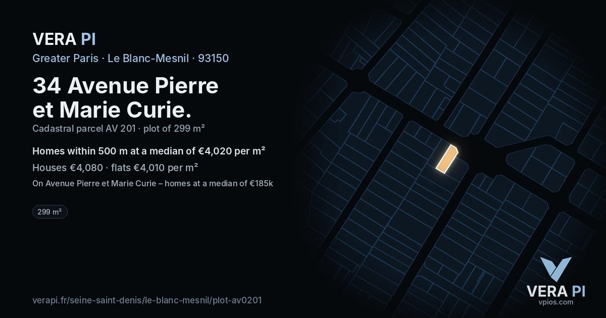 34 Avenue Pierre et Marie Curie, Le Blanc-Mesnil at night – the plot lit, the parcels around coloured by the prices near them