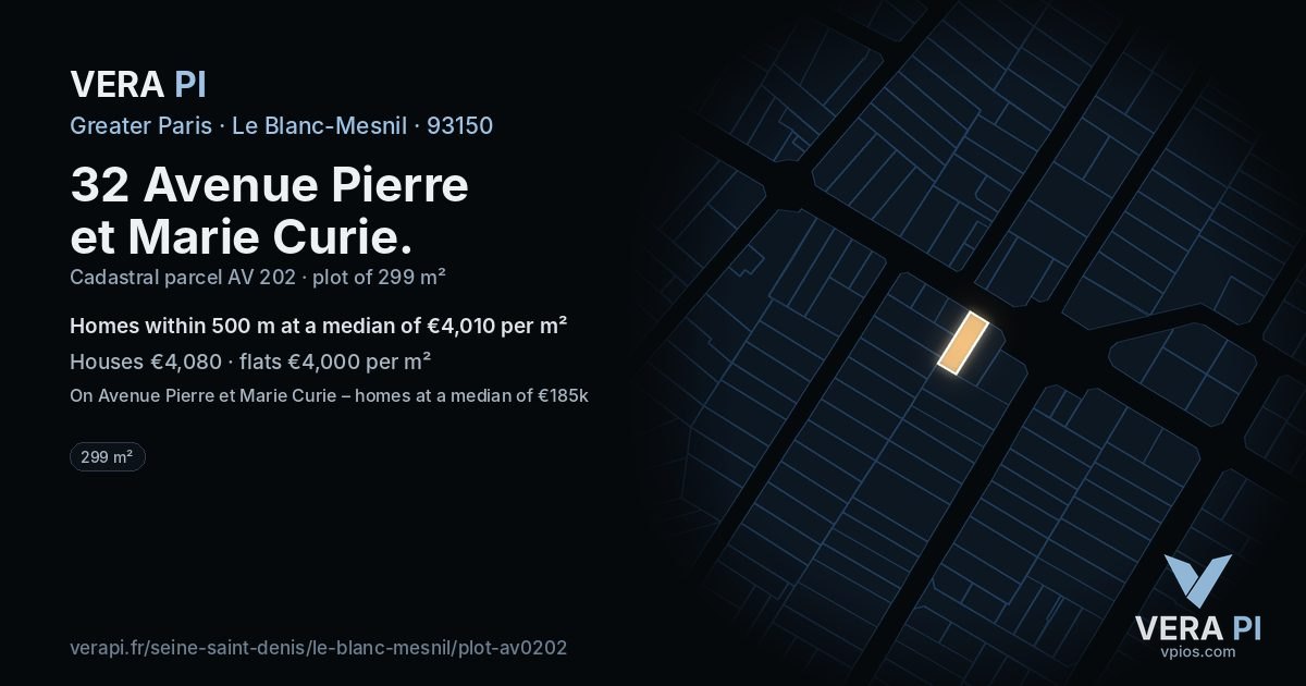 32 Avenue Pierre et Marie Curie, Le Blanc-Mesnil at night – the plot lit, the parcels around coloured by the prices near them