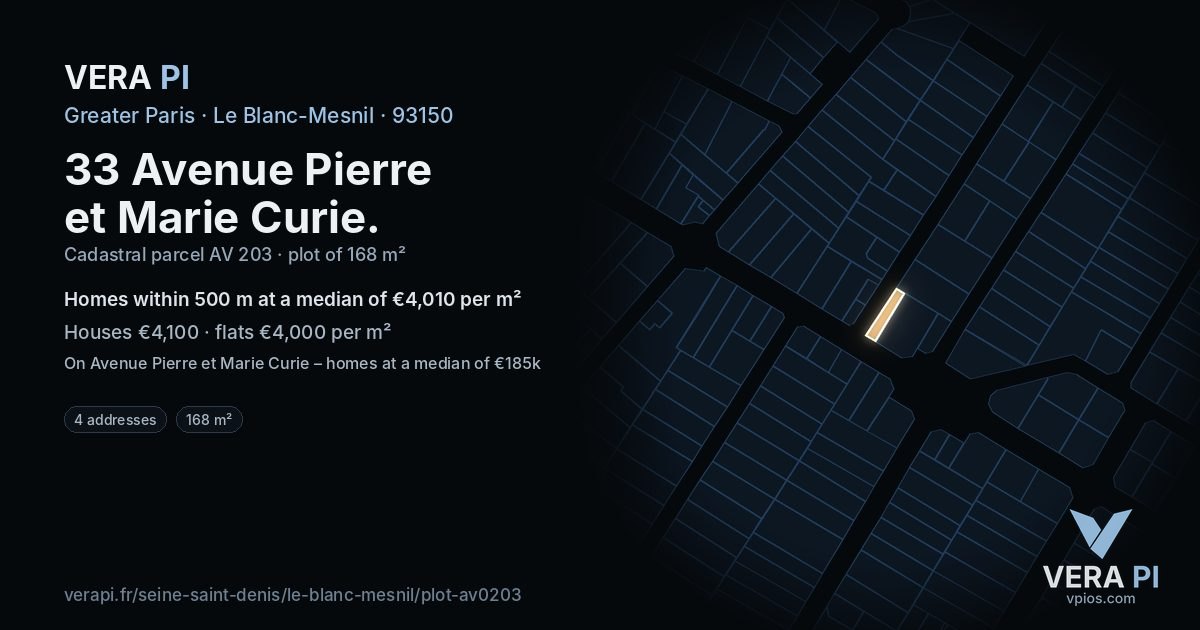 33 Avenue Pierre et Marie Curie, Le Blanc-Mesnil at night – the plot lit, the parcels around coloured by the prices near them