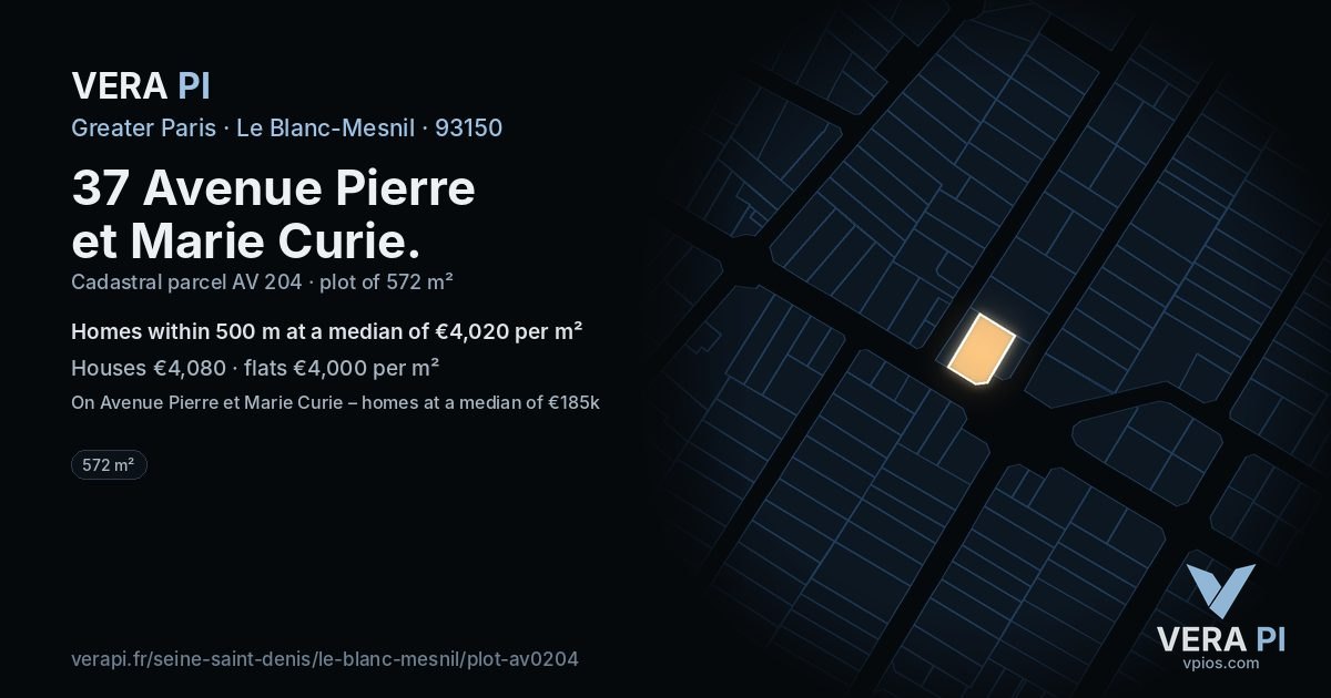 37 Avenue Pierre et Marie Curie, Le Blanc-Mesnil at night – the plot lit, the parcels around coloured by the prices near them