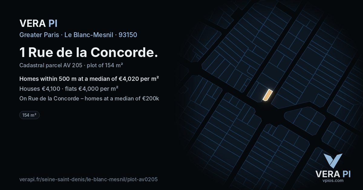 1 Rue de la Concorde, Le Blanc-Mesnil at night – the plot lit, the parcels around coloured by the prices near them