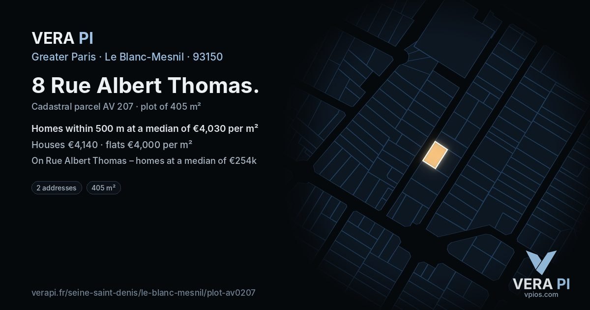 8 Rue Albert Thomas, Le Blanc-Mesnil at night – the plot lit, the parcels around coloured by the prices near them