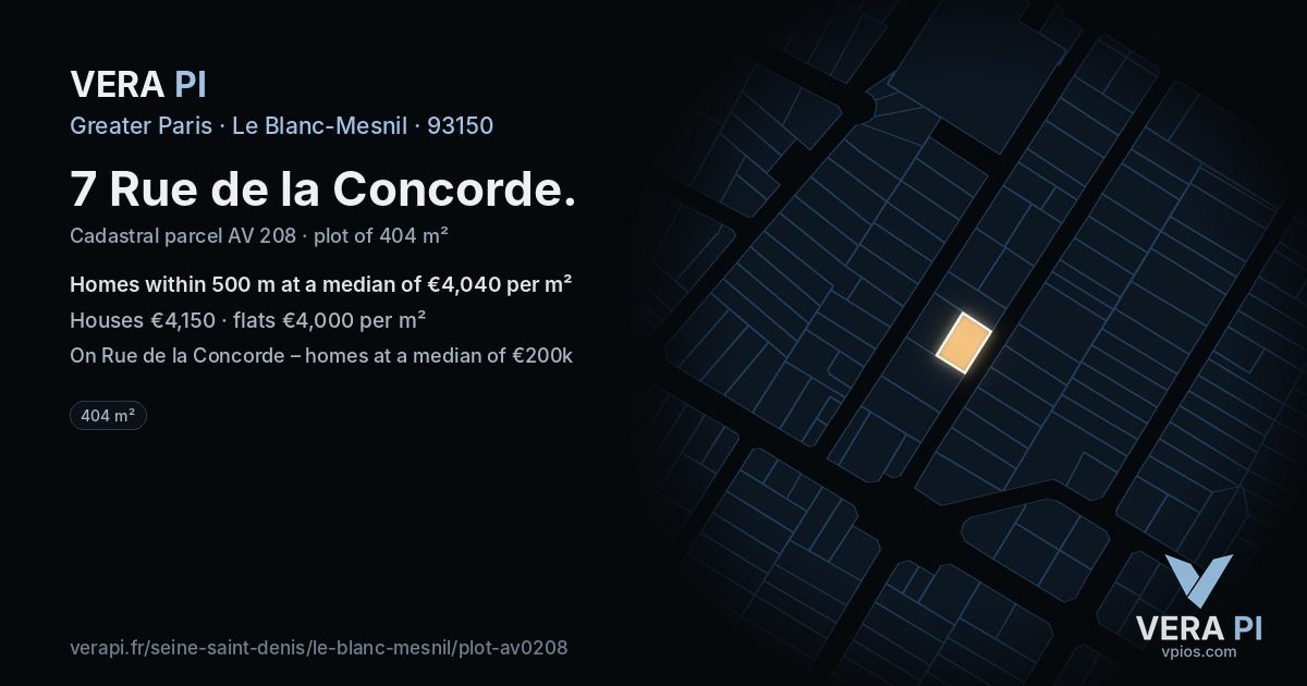7 Rue de la Concorde, Le Blanc-Mesnil at night – the plot lit, the parcels around coloured by the prices near them