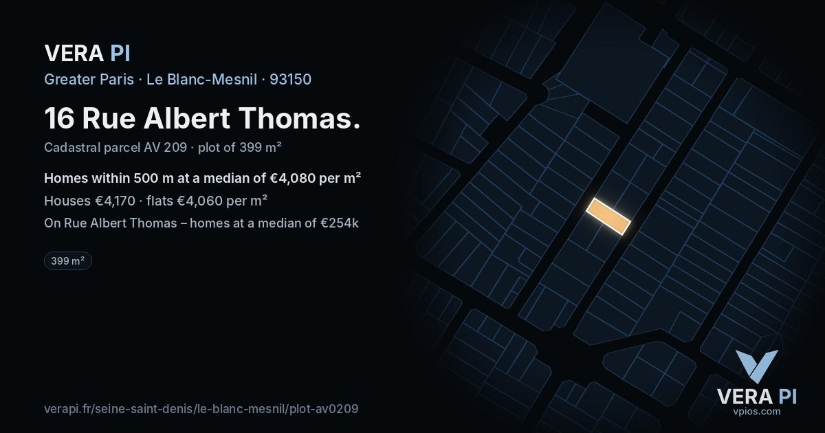 16 Rue Albert Thomas, Le Blanc-Mesnil at night – the plot lit, the parcels around coloured by the prices near them