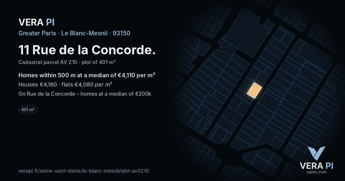 11 Rue de la Concorde, Le Blanc-Mesnil at night – the plot lit, the parcels around coloured by the prices near them