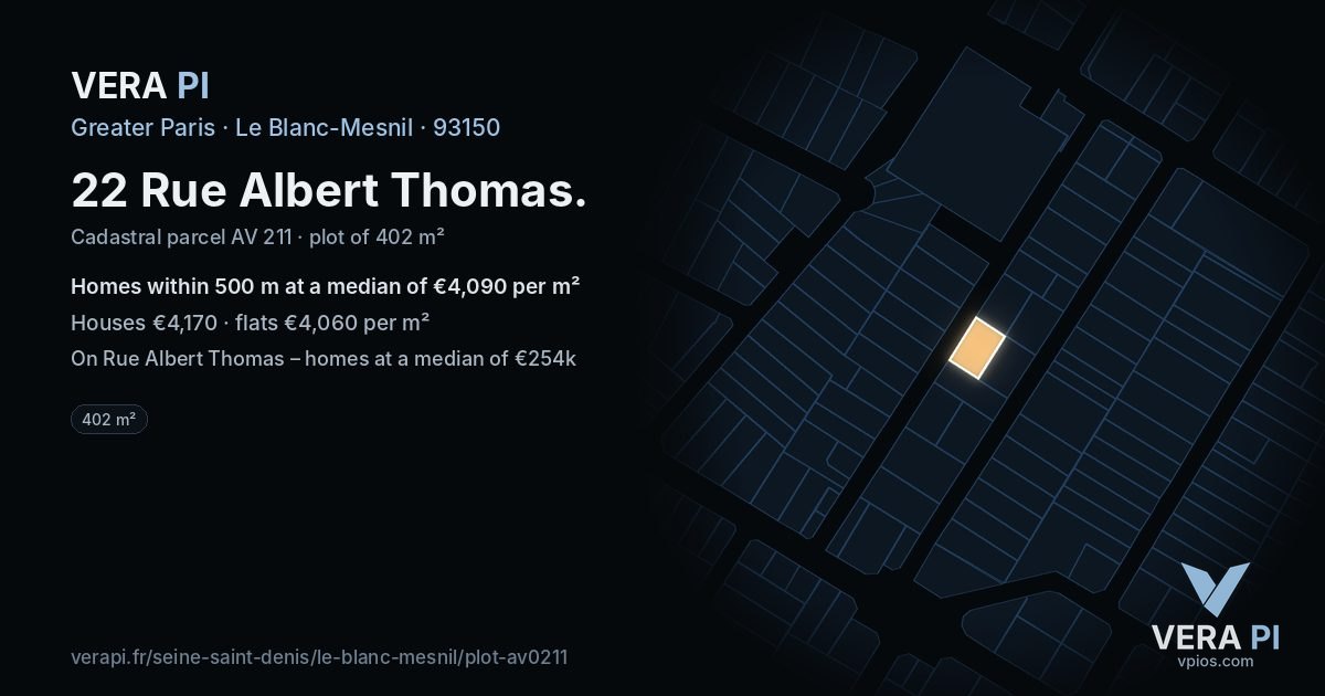 22 Rue Albert Thomas, Le Blanc-Mesnil at night – the plot lit, the parcels around coloured by the prices near them
