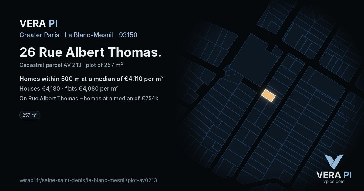 26 Rue Albert Thomas, Le Blanc-Mesnil at night – the plot lit, the parcels around coloured by the prices near them