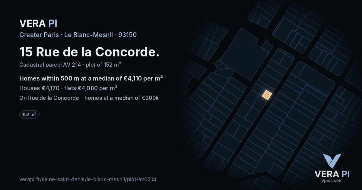 15 Rue de la Concorde, Le Blanc-Mesnil at night – the plot lit, the parcels around coloured by the prices near them