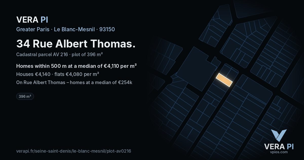 34 Rue Albert Thomas, Le Blanc-Mesnil at night – the plot lit, the parcels around coloured by the prices near them