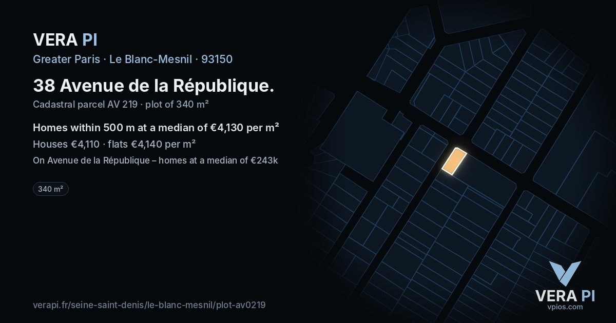 38 Avenue de la République, Le Blanc-Mesnil at night – the plot lit, the parcels around coloured by the prices near them