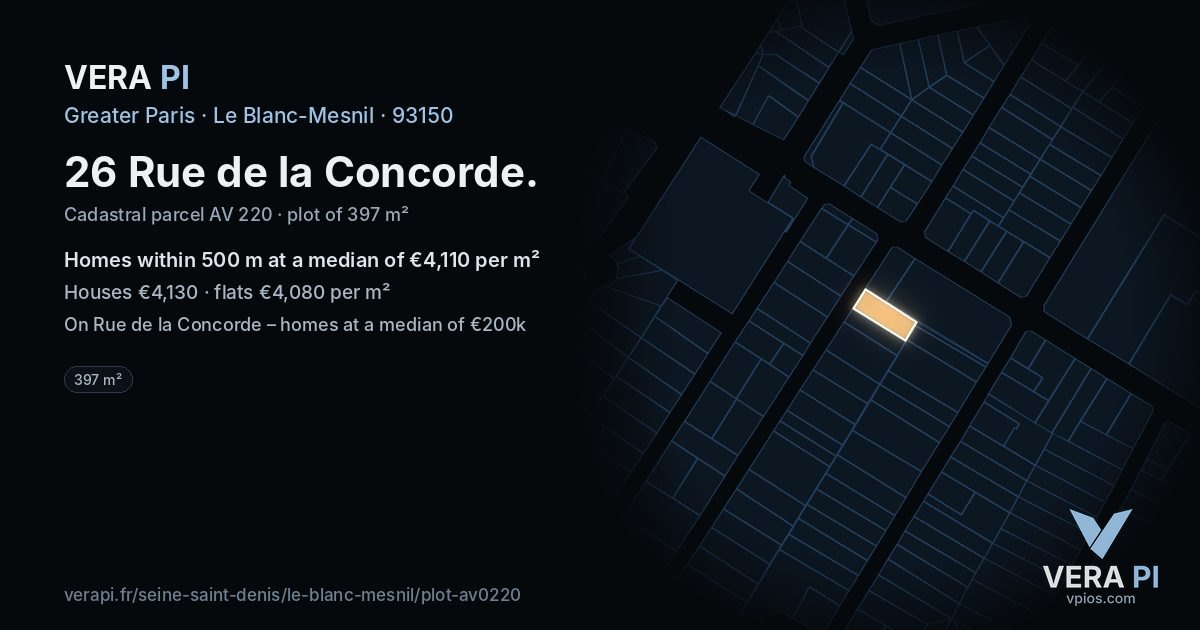 26 Rue de la Concorde, Le Blanc-Mesnil at night – the plot lit, the parcels around coloured by the prices near them