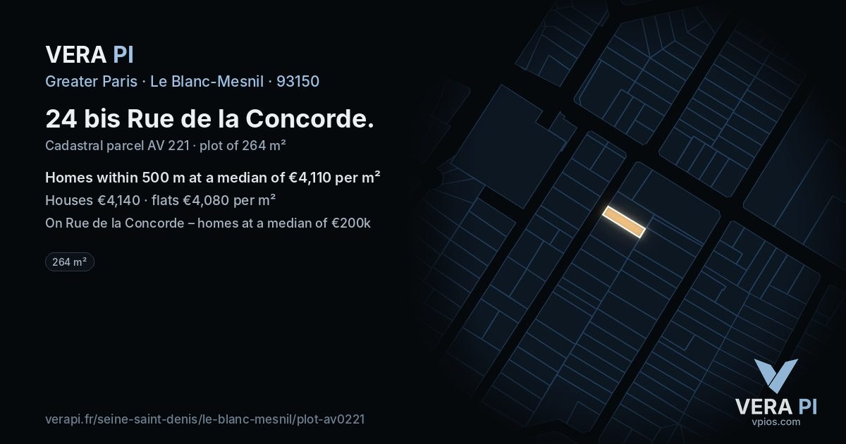 24 bis Rue de la Concorde, Le Blanc-Mesnil at night – the plot lit, the parcels around coloured by the prices near them