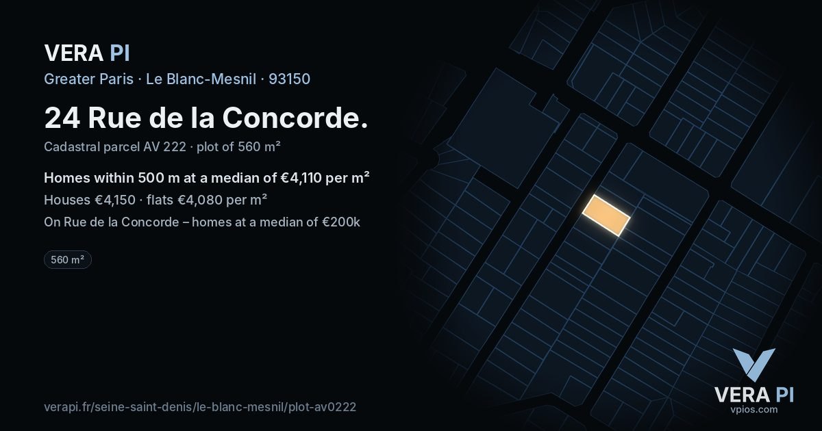 24 Rue de la Concorde, Le Blanc-Mesnil at night – the plot lit, the parcels around coloured by the prices near them