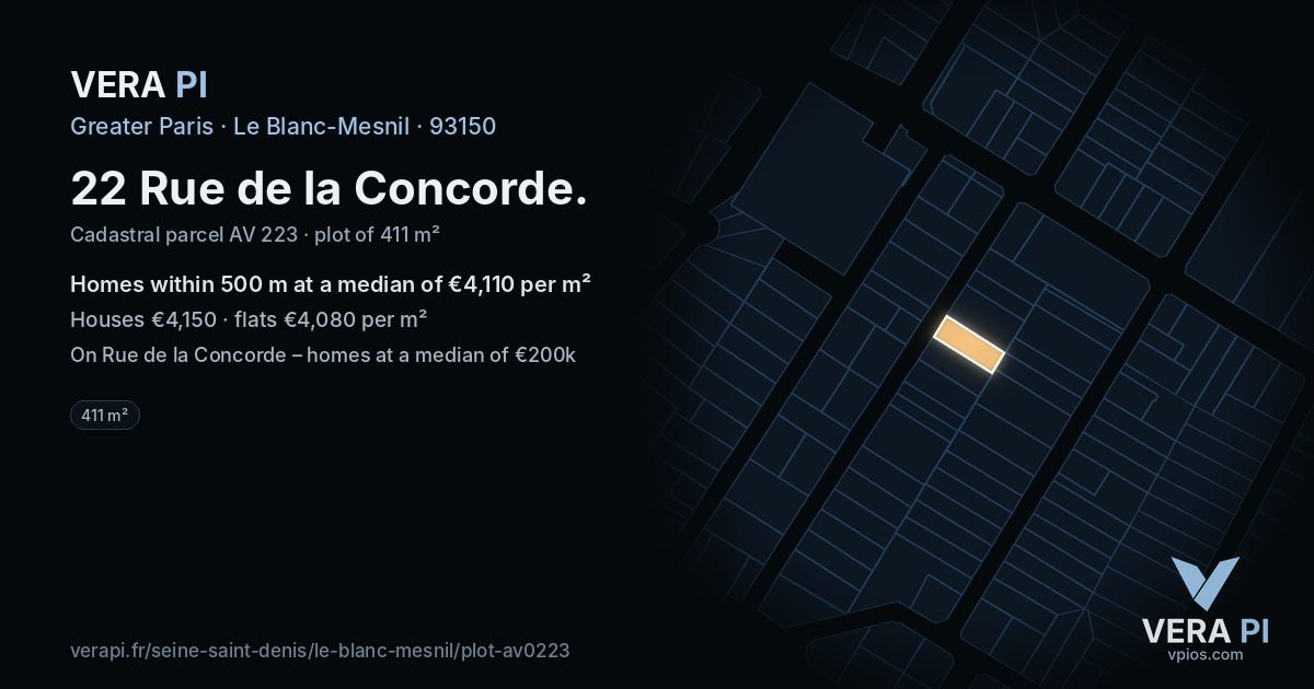 22 Rue de la Concorde, Le Blanc-Mesnil at night – the plot lit, the parcels around coloured by the prices near them