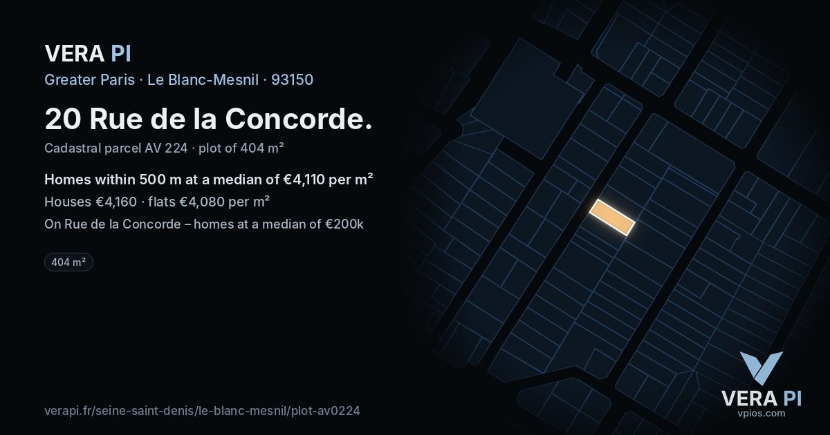 20 Rue de la Concorde, Le Blanc-Mesnil at night – the plot lit, the parcels around coloured by the prices near them