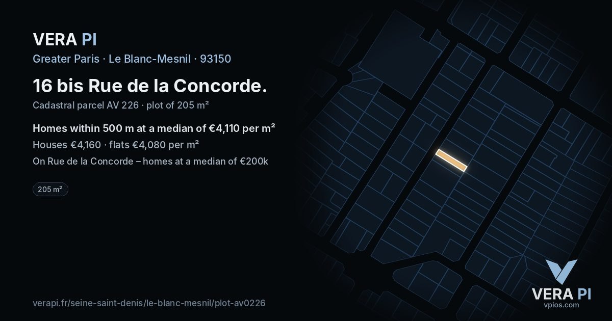 16 bis Rue de la Concorde, Le Blanc-Mesnil at night – the plot lit, the parcels around coloured by the prices near them