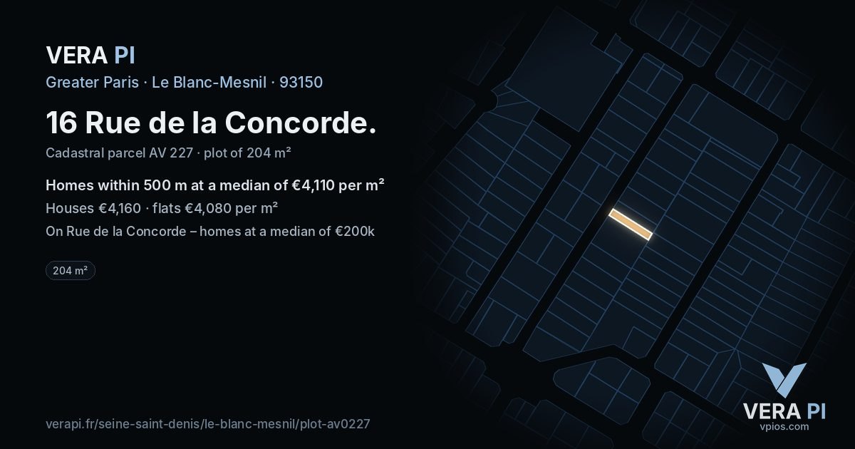16 Rue de la Concorde, Le Blanc-Mesnil at night – the plot lit, the parcels around coloured by the prices near them