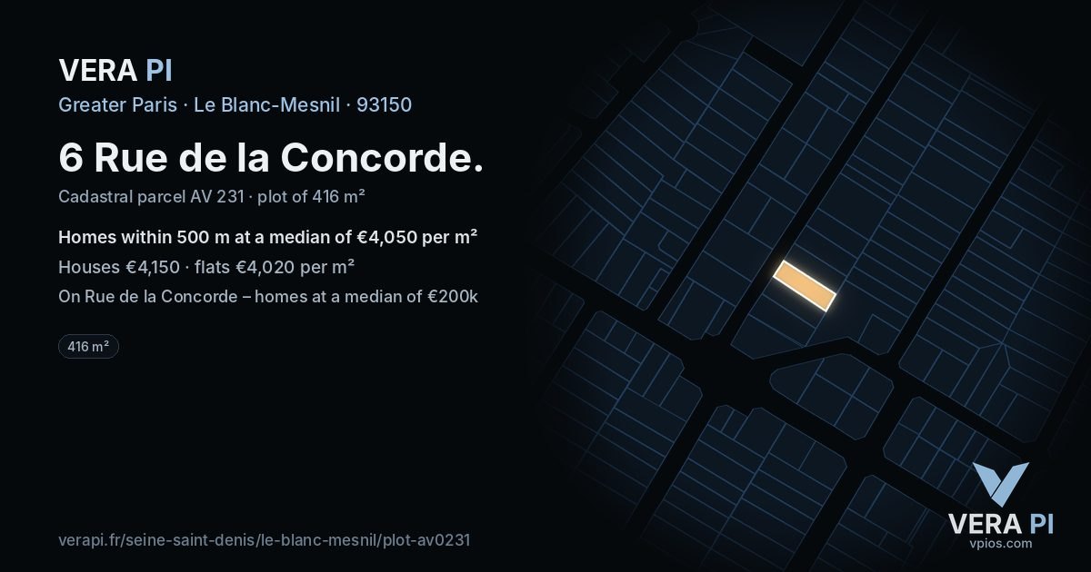 6 Rue de la Concorde, Le Blanc-Mesnil at night – the plot lit, the parcels around coloured by the prices near them