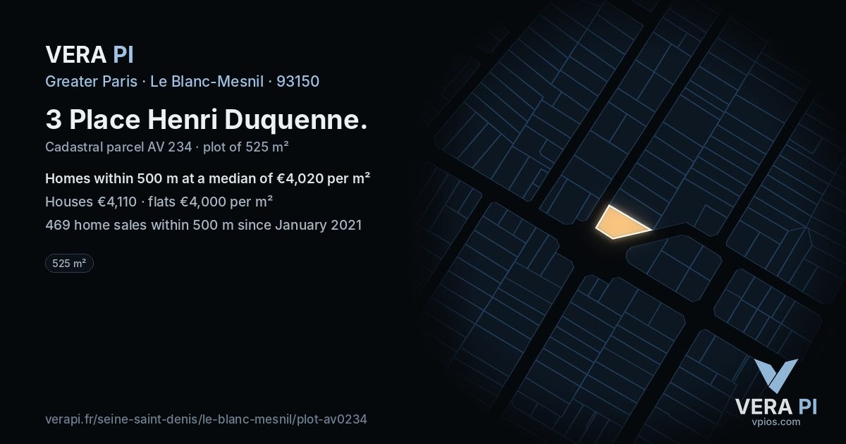 3 Place Henri Duquenne, Le Blanc-Mesnil at night – the plot lit, the parcels around coloured by the prices near them