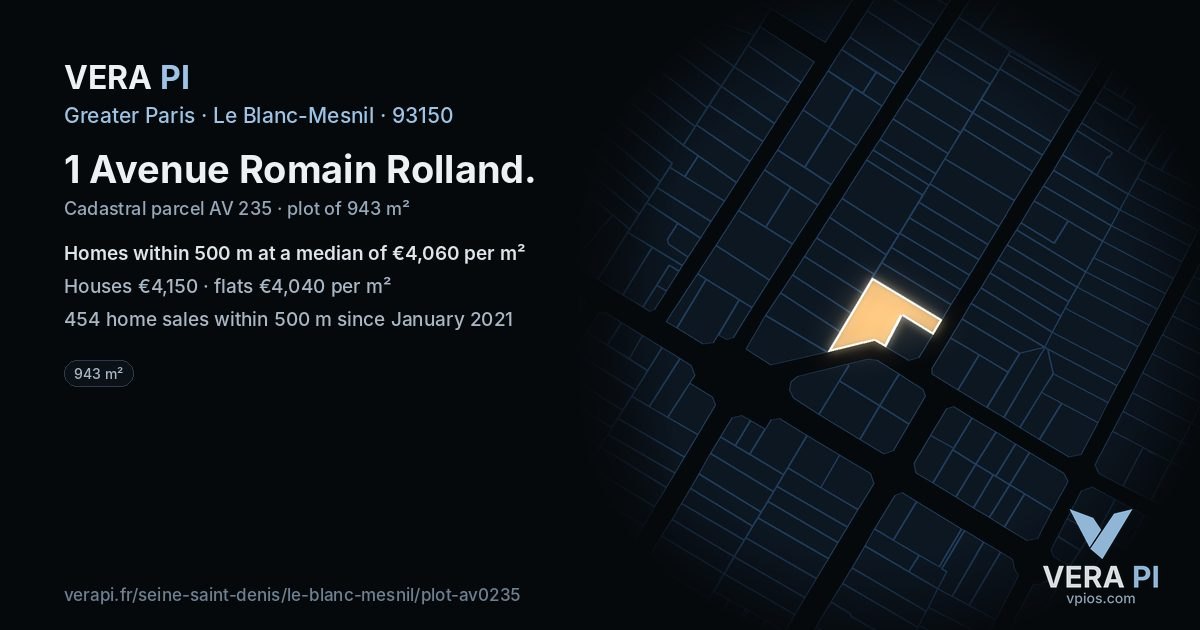 1 Avenue Romain Rolland, Le Blanc-Mesnil at night – the plot lit, the parcels around coloured by the prices near them