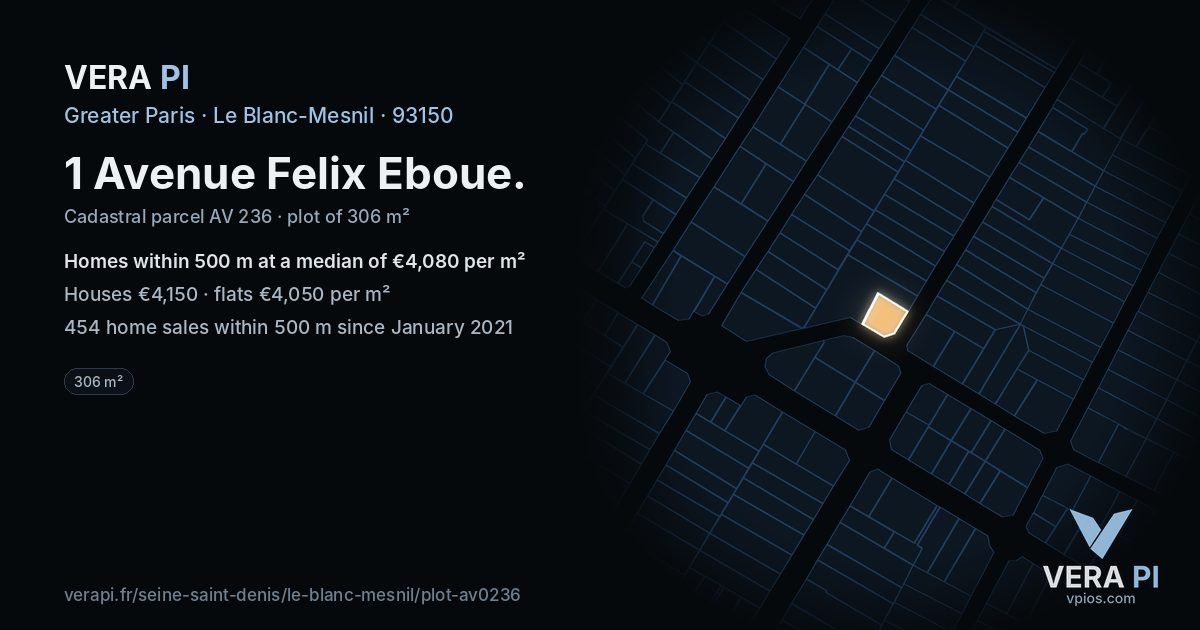 1 Avenue Felix Eboue, Le Blanc-Mesnil at night – the plot lit, the parcels around coloured by the prices near them