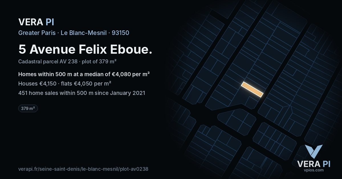 5 Avenue Felix Eboue, Le Blanc-Mesnil at night – the plot lit, the parcels around coloured by the prices near them