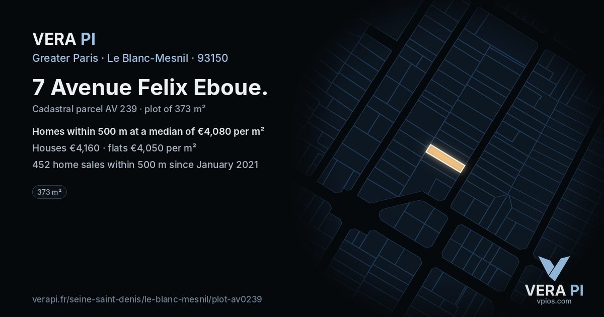 7 Avenue Felix Eboue, Le Blanc-Mesnil at night – the plot lit, the parcels around coloured by the prices near them