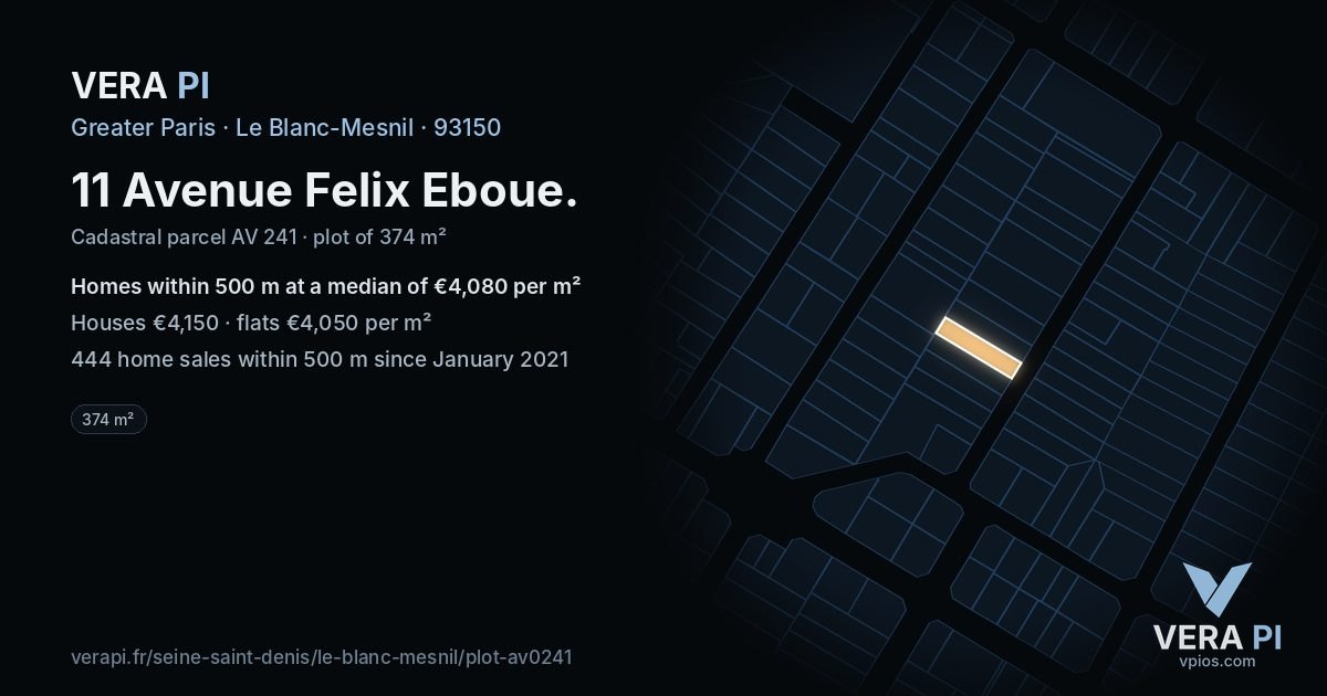 11 Avenue Felix Eboue, Le Blanc-Mesnil at night – the plot lit, the parcels around coloured by the prices near them