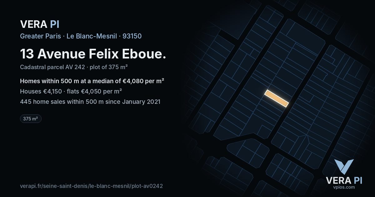 13 Avenue Felix Eboue, Le Blanc-Mesnil at night – the plot lit, the parcels around coloured by the prices near them