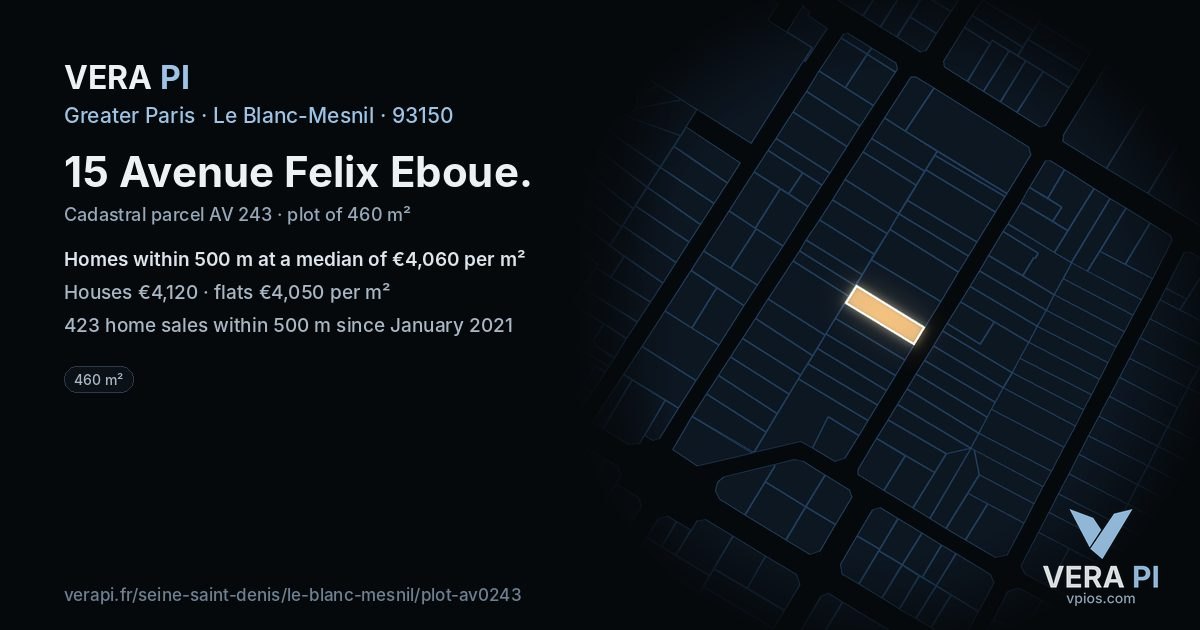 15 Avenue Felix Eboue, Le Blanc-Mesnil at night – the plot lit, the parcels around coloured by the prices near them