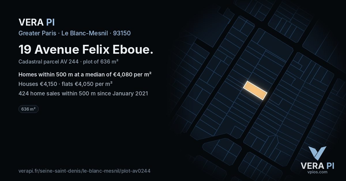 19 Avenue Felix Eboue, Le Blanc-Mesnil at night – the plot lit, the parcels around coloured by the prices near them