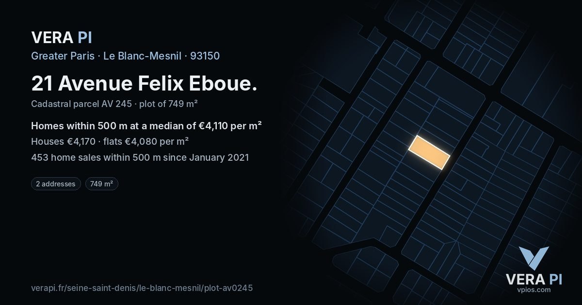 21 Avenue Felix Eboue, Le Blanc-Mesnil at night – the plot lit, the parcels around coloured by the prices near them