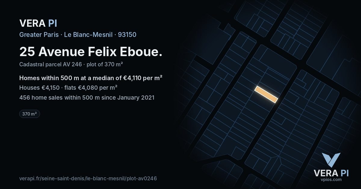 25 Avenue Felix Eboue, Le Blanc-Mesnil at night – the plot lit, the parcels around coloured by the prices near them